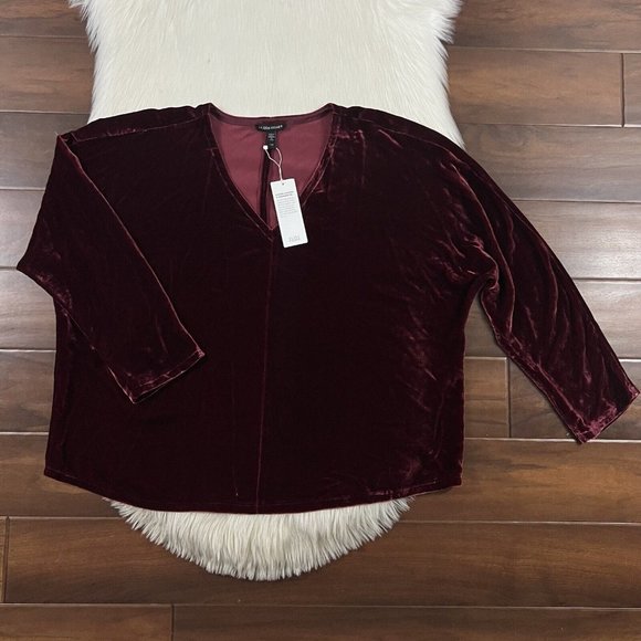 Eileen Fisher Size Large Deep Claret Velvet‎ V Neck Top - Picture 1 of 8